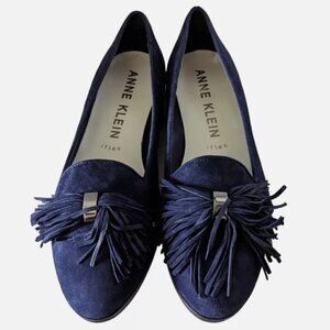 Anne Klein SZ5.5 Dixie Navy Suede Leather IFlex smoking flat tassel Old Money